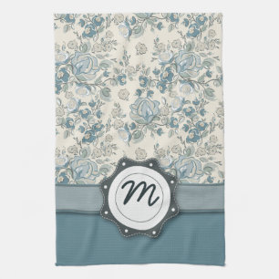 Linge De Cuisine Roses bleus et crèmes avec le monogramme