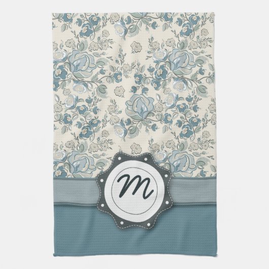 Linge De Cuisine Roses bleus et crèmes avec le monogramme (Vertical)