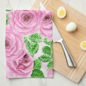 Linge De Cuisine Roses d'aquarelle rose avec feuilles et pattes de  (Quart Plié)