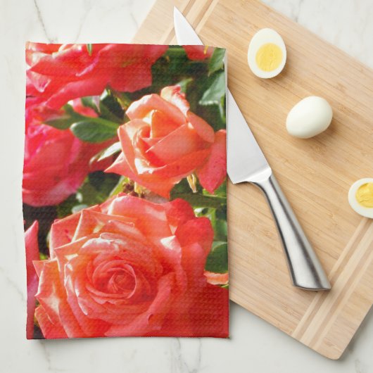 Linge De Cuisine Roses de corail romantique (Quart Plié)