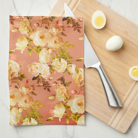 Linge De Cuisine Roses doux en rouge (Quart Plié)