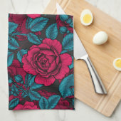 Linge De Cuisine Roses en rouge et bleu (Quart Plié)