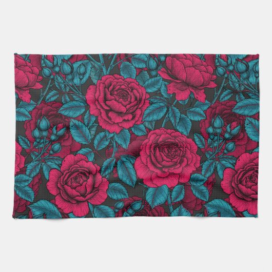 Linge De Cuisine Roses en rouge et bleu (Horizontal)