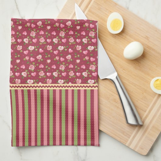 Linge De Cuisine Roses et coeurs roses (Quart Plié)