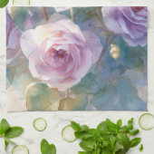 Linge De Cuisine Roses Lilas Fleurs Impressionnistes (Plié)