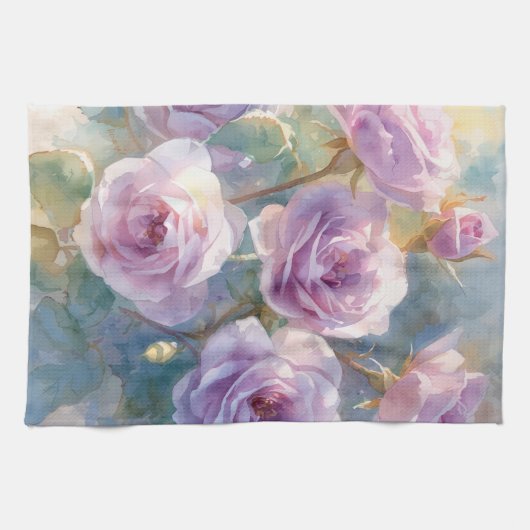 Linge De Cuisine Roses Lilas Fleurs Impressionnistes (Horizontal)