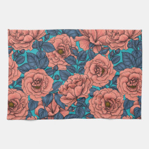 Linge De Cuisine Roses roses avec feuilles bleus sur bleu