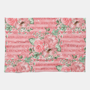 Linge De Cuisine Roses roses florales aquarelles roses et rayures p