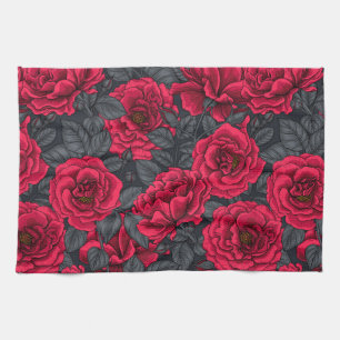 Linge De Cuisine Roses rouges avec feuilles gris sur noir