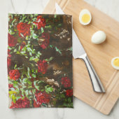 Linge De Cuisine Roses rouges contre un mur de pierre (Quart Plié)