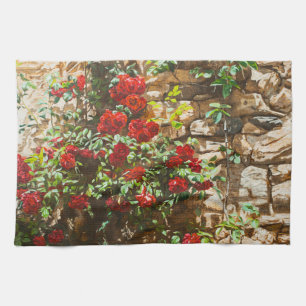 Linge De Cuisine Roses rouges contre un mur de pierre