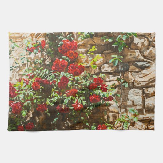 Linge De Cuisine Roses rouges contre un mur de pierre (Horizontal)