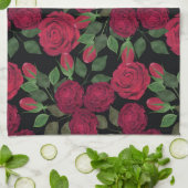 Linge De Cuisine Roses rouges sur noir. (Plié)
