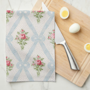Linge De Cuisine Roses victoriens roses avec treillis à ruban bleu