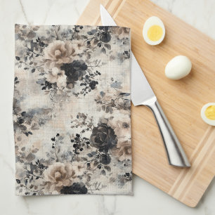Linge De Cuisine Roses vintages d'aquarelle en beige, noir, crème