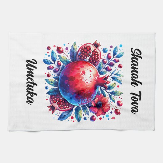 Linge De Cuisine Rosh Hashana Eau couleur grenade (Horizontal)