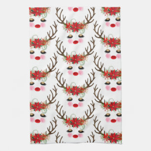 Linge De Cuisine Rosy Cheeks Gold Eyes Floral Reindeer Holiday