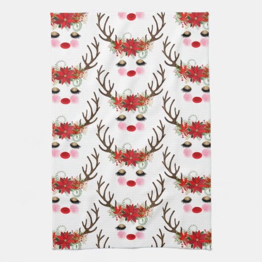 Linge De Cuisine Rosy Cheeks Gold Eyes Floral Reindeer Holiday (Vertical)