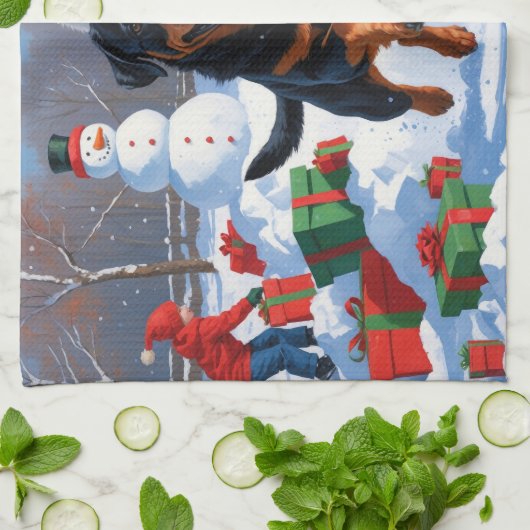 Linge De Cuisine Rottweiler coule en neige avec Casquette de Noël (Plié)