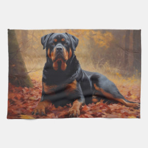 Linge De Cuisine Rottweiler dans les feuilles d'automne automne aut