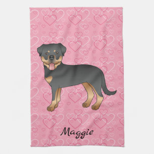 Linge De Cuisine Rottweiler noir et feu sur cœurs roses & nom