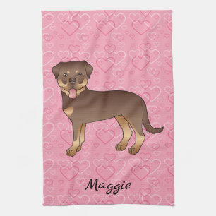 Linge De Cuisine Rottweiler rouge et fauve sur cœurs roses & nom
