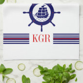 Linge De Cuisine Roue Bleue Nautique Monogramme et rayures (Plié)