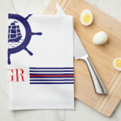 Linge De Cuisine Roue Bleue Nautique Monogramme et rayures (Quart Plié)