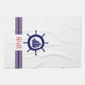 Linge De Cuisine Roue Bleue Nautique Monogramme et rayures (Horizontal)