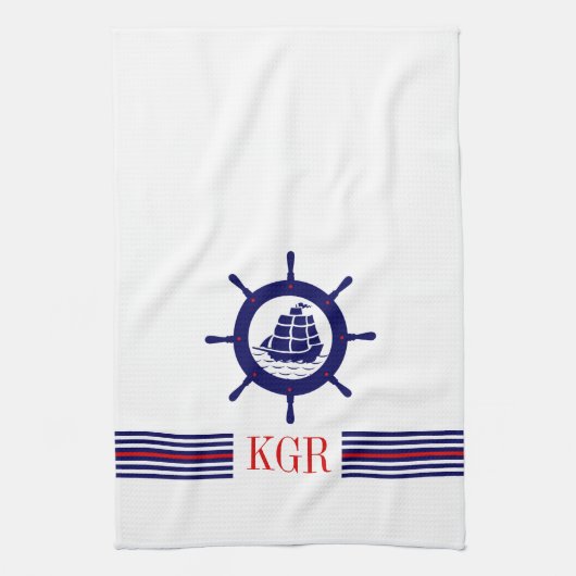 Linge De Cuisine Roue Bleue Nautique Monogramme et rayures (Vertical)