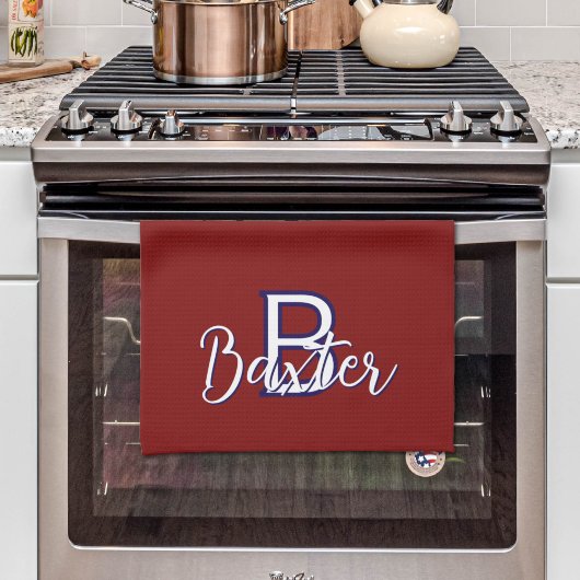 Linge De Cuisine Rouge Blanc & Bleu Nom et Monogramme Personnalisé