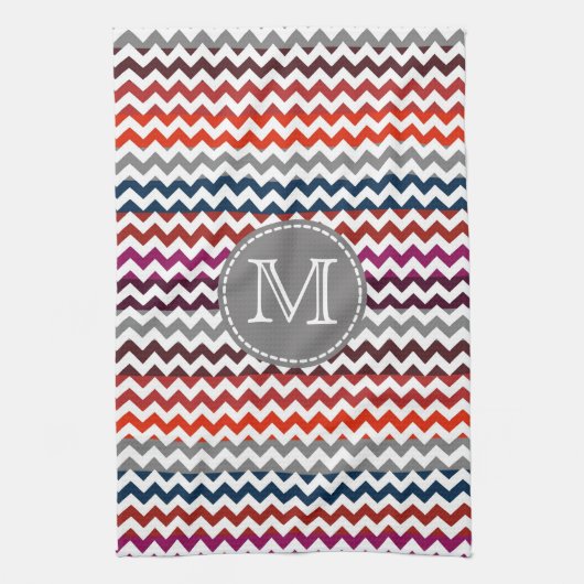 Linge De Cuisine Rouge blanc gris Chevron Zigzag Monogramme (Vertical)