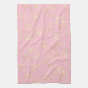 Linge De Cuisine Rouge Botanique Ginkgo Doré Motif Naturel