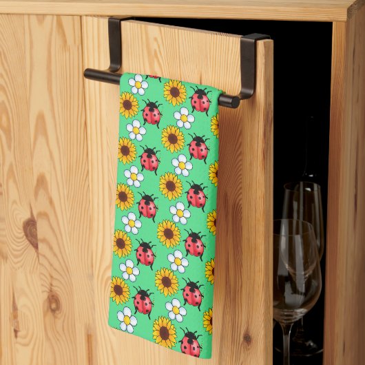 Linge De Cuisine Rouge Et Noir Ladybug Avec Fleurs (Pliage en tiers)
