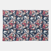 Linge De Cuisine Rouge, fleurs blanches sur bleu. (Horizontal)