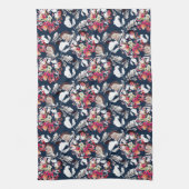 Linge De Cuisine Rouge, fleurs blanches sur bleu. (Vertical)