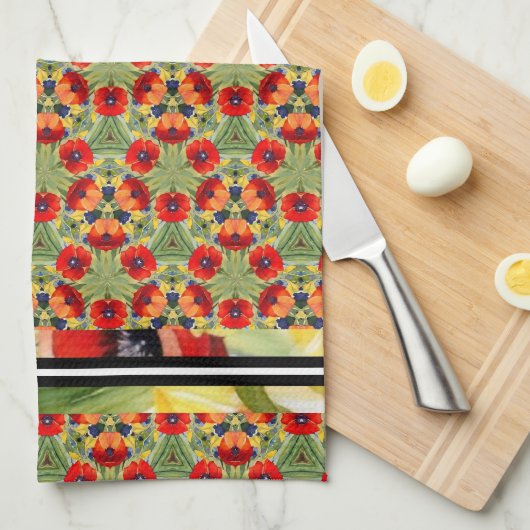 Linge De Cuisine Rouge pavot partout mixer n match dessin peint (Quart Plié)