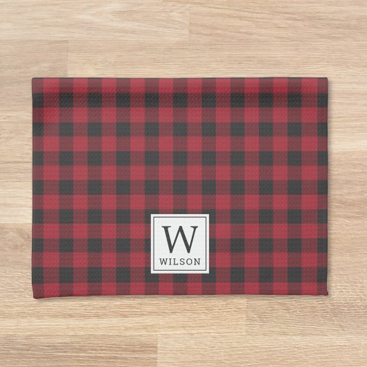 Linge De Cuisine Rouge Rustique Monogramme Noël à carreaux de bœuf