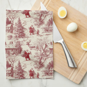 Linge De Cuisine Rouge traditionnel du Père Noël sur Toile De Jouy
