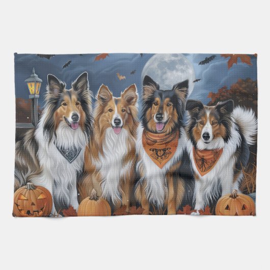 Linge De Cuisine Rough Collie Halloween Épouvantable (Horizontal)
