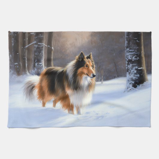 Linge De Cuisine Rough Collie Laisser Neige Noël (Horizontal)