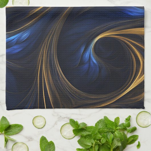 Linge De Cuisine Royal Blue Gold Abstrait Swirl (Plié)