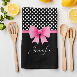 Linge De Cuisine Ruban rose points noirs et blancs Nom