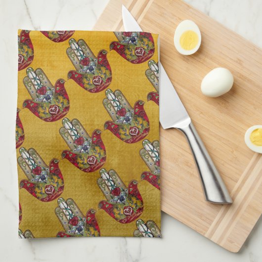Linge De Cuisine Ruby Pomegranate Heart Red Bird Hamsa (Quart Plié)