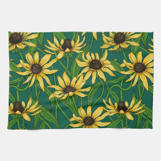 Linge De Cuisine Rudbekia jaune sur vert foncé (Horizontal)