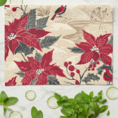 Linge De Cuisine Rustic Bird et Poinsettia Motif de Noël (12) (Plié)