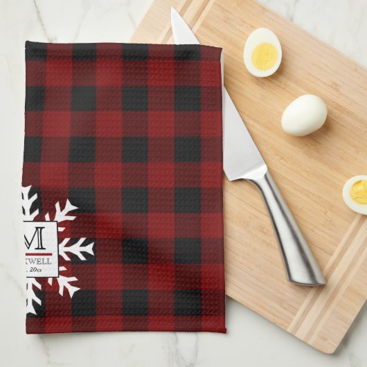 Linge De Cuisine Rustic Buffalo Checks Snowflake Monogramme Nom Ann (Quart Plié)