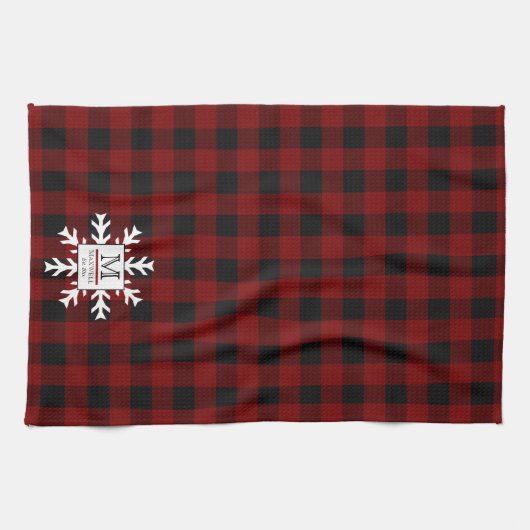 Linge De Cuisine Rustic Buffalo Checks Snowflake Monogramme Nom Ann (Horizontal)