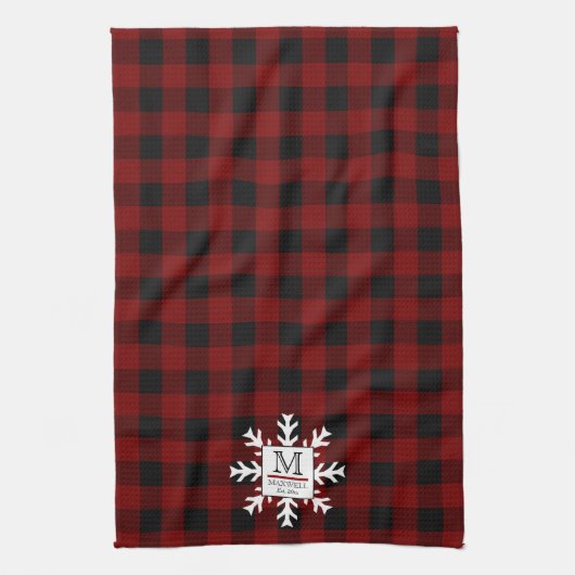 Linge De Cuisine Rustic Buffalo Checks Snowflake Monogramme Nom Ann (Vertical)