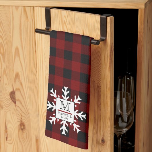 Linge De Cuisine Rustic Buffalo Checks Snowflake Monogramme Nom Ann (Pliage en tiers)